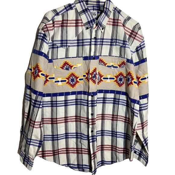 Basic Editions Button Down Cotton Aztec Print Southwestern Pockets Plaid XL - Picture 1 of 4